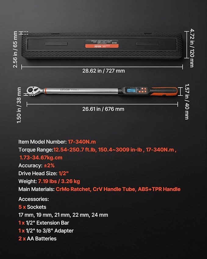 VEVOR Torque Wrench Set 1/2" Drive Digital Torque Wrench 4 Display Units, ±2% Accuracy, LCD Screen, with Buzzer and LED Indicator, with Sockets, Extension Bar, Adapter, for Automotive Repair