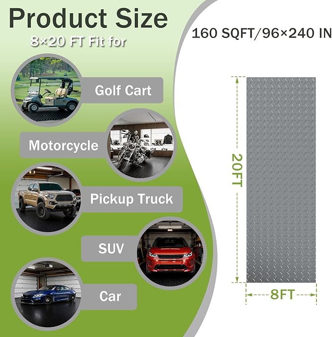 8x20 FT Garage Floor Mat, 2.8mm Thickened Flooring Roll for Under Car Diamond Plate PVC Rubber Mat with 20 Pcs Tapes, Non-Slip Floor Mat for Garage, Warehouse, Gyms, Trailer,Grey