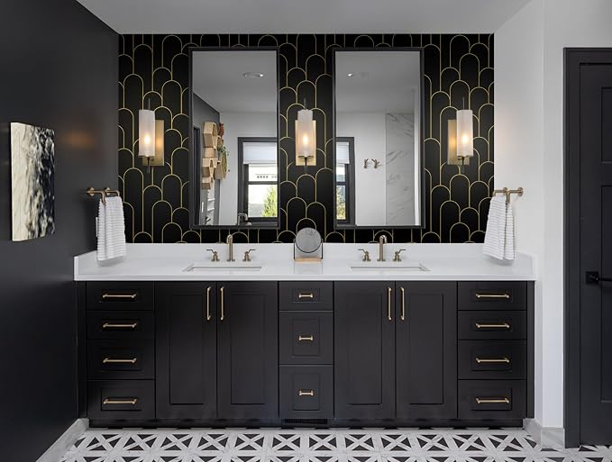 Yasinet Black and Gold Wallpaper Black Geometric Contact Paper Modern Stripe Removable Self Adhesive Wall Paper Decorative for Wall Bedroom Vinyl Film 17.3”x197”