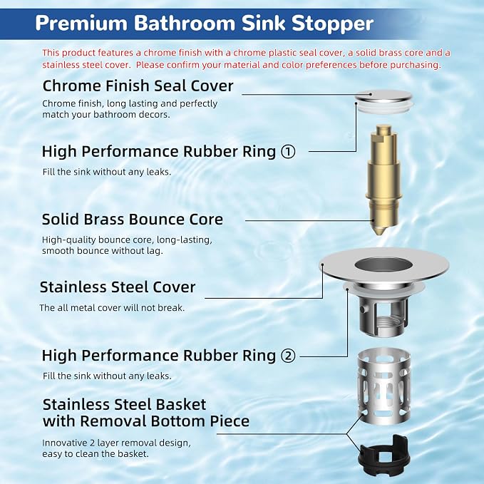 Hibbent 2 Pack 3 in 1 Bathroom Sink Drain Strainer, Universal Pop Up Stopper with Removable Stainless Steel Filter Basket Hair Catcher, Sink Plug for 1.1''~2.36'' Basin, Brass Bullet Core, Chrome