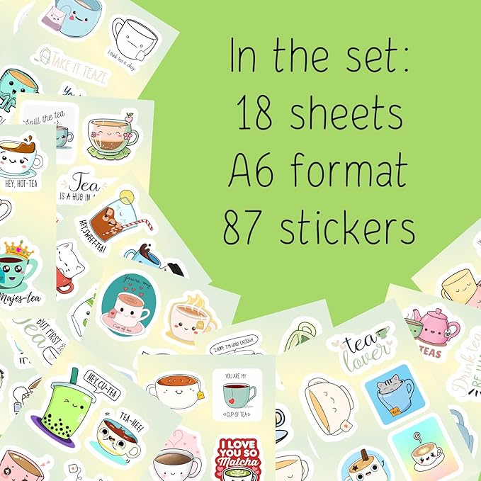 BulbaCraft Cute Tea Cup Stickers, Tea Stickers for Water Bottle and Laptop - Tea Cup Party Supplies & Decorations, Waterproof Vinyl Drink Decals, Gifts for Women & Men