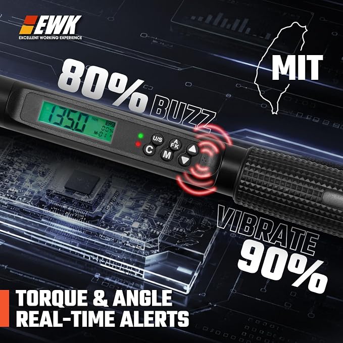 EWK 3/8" Drive Digital Angle Torque Wrench 5-100 ft-lbs (6.8-135 Nm) | ISO 6789, ±1.5% clockwise / ±2.5% counterclockwise/ ±2% Angle, LCD Display, LED Buzzer Vibration Alert, 30 Memory Values