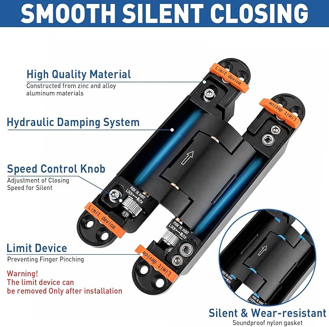 TamBee 7-Inch Heavy-Duty Self-Closing Hidden Door Hinge, Adjustable Invisible Hinge with Speed Control, Automatic Soft Close 180° Swing for Secret & Interior Doors, Support (Black, 7Inch Self Closing)