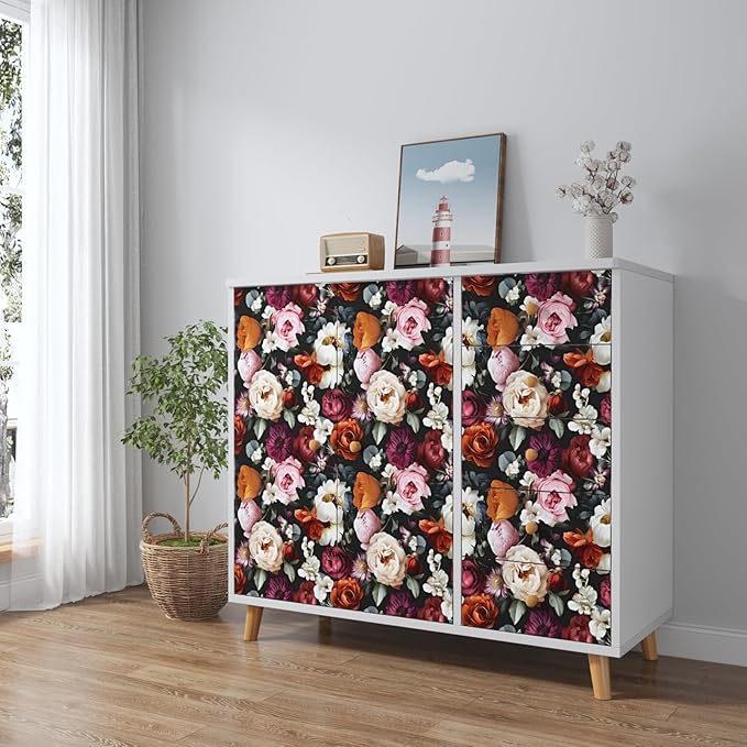 Vintage Black Red Rose Floral Peel and Stick Wallpaper 17.5"x118" | Self Adhesive/Removable/Waterproof/Thick Vinyl Contact Paper for Bathroom Bedroom Shelf Cabinet Drawer,Prepasted,Easy Peel