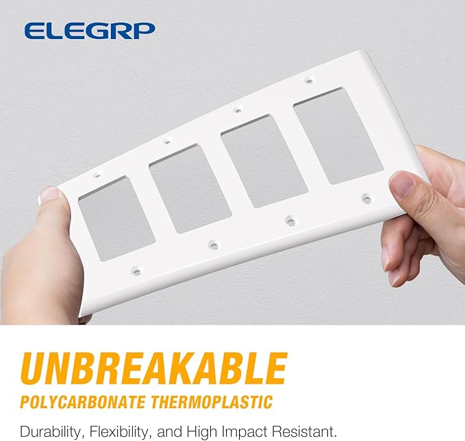 ELEGRP 4-Gang Decorative Wall Plates, Standard Size Unbreakable Thermoplastic Faceplate Cover for Decorator Receptacle Outlet Switch, UL Listed (1 Pack, Glossy White)