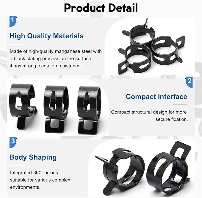 Fielect 1.26"/32mm ID Constant Tension Band Hose Clamps,Spring Band Type Action Hose Clamp Manganese Steel Low Pressure Air Clip for Automotive Mechanical Fuel Water Pipe Air Tube,Black Coated 100pcs