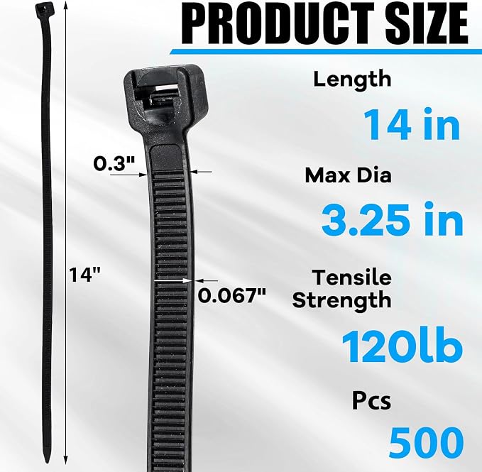 Reallnaive 500 Pcs 14 Inch Zip Ties Heavy Duty 120 Lbs Tensile Strength Black Nylon Wire Cable Ties Bulk for Indoor Outdoor