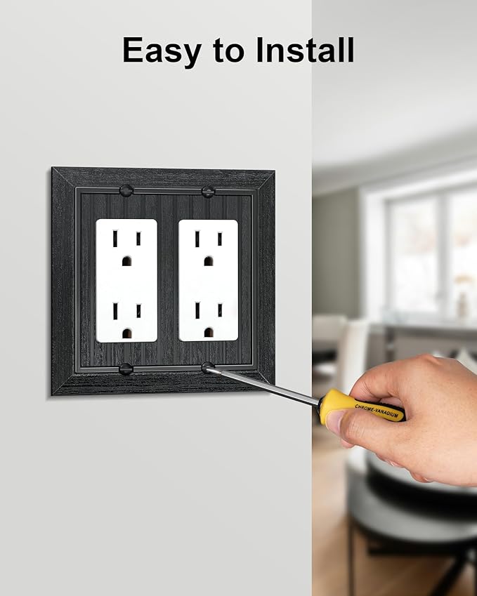 2-Pack Classic Beadboard Decorative Double Decorator Outlet Cover Plate, Matte Black Unbreakable Polycarbonate Wall Plates for Electrical Outlets, Receptacle, GFCI Outlet, Dimmer Switch, 2-Gang