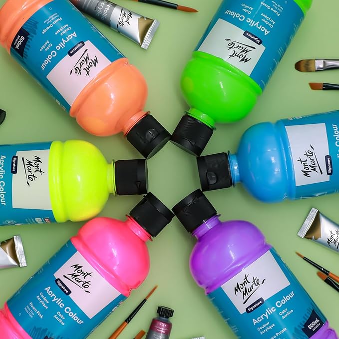 Mont Marte Signature Fluoro Blue Acrylic Paint, 16.9oz (500ml), Semi-Matte Finish, 12 Colors, Suitable for Canvas, Wood, Fabric, Leather, Cardboard, Paper, MDF and Crafts