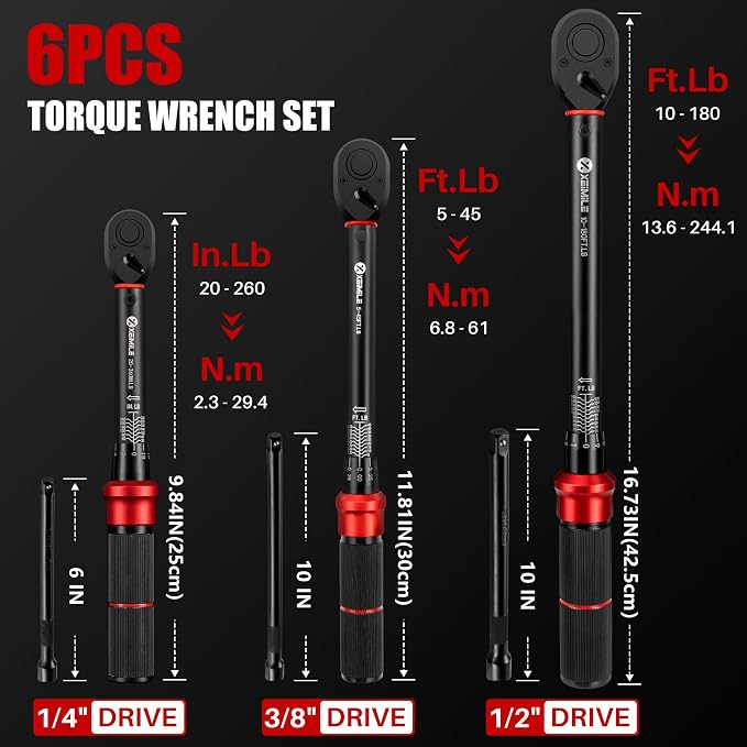 6Pcs 1/4 3/8 1/2-inch Drive Click Torque Wrench Set for Car Moto | Inch Pound Torque Wrench with Sockets (20-260 in.lb,5-45 ft.lb,10-170 ft.lb), Dual-Direction 72T, 3% Precision for Bike DIY