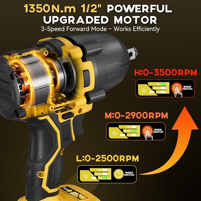 900Ft-lbs (1200N.m) Impact Wrench, 1/2" Cordless Impact Gun, 21V High Torque Brushless Impact Driver, 2x4.0Ah Batteries Electric Impact Motor Variable Speeds for Car/Pickup Truck/Mower, Yellow
