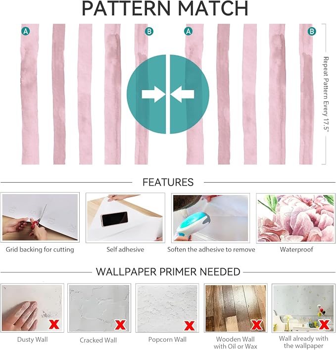 Pink Striped Wallpaper Peel and Stick Stripe Wallpaper Pink and White Striped Contact Paper Stripes Watercolor Stripe Prepasted Bathroom Adhesive Cute Girls Room Girl Girly Removable 17.5x80 HelloWall