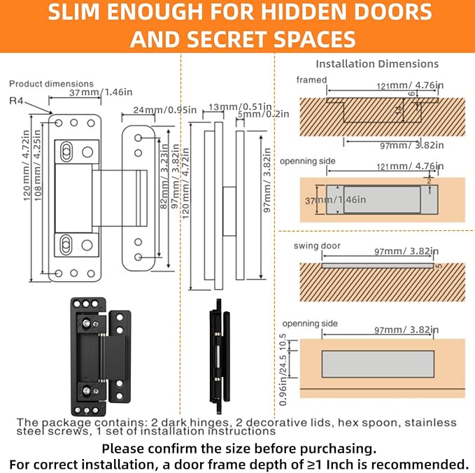 Hidden Door Hinges, 2Pack Adjustable Heavy Duty Concealed Hinges 110Lbs Load-Bearing Invisible Hinge Hidden Hinges for Secret Doors, Bookcase, Shelf & Murphy Door Hinge Kit
