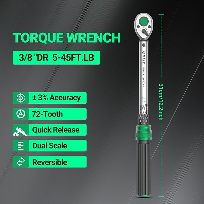 3/8" Drive Click Torque Wrench, 5-45 Ft-Lb/6.8-61Nm Dual-Direction Adjustable 72 Tooth Ratchet, ±3% Accuracy Precisio Low Torque Wrench for Spark Plugs, Bike, Motorcycle and Car Repair