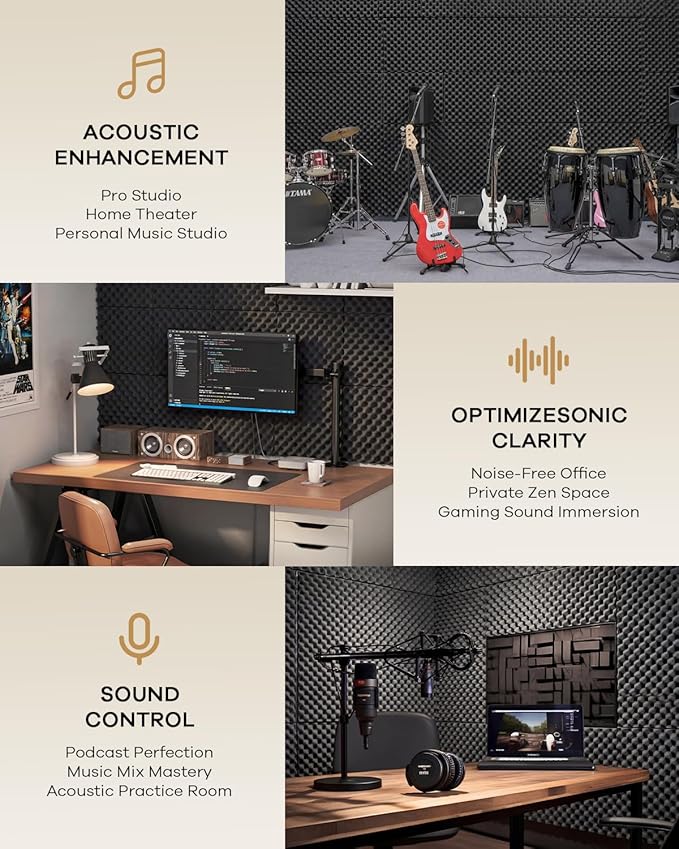 SD SODOCT 24 Pack Egg-Crate Acoustic Foam Panels, 12 x 12 x 2 Inches Self-Adhesive Sound Proof Foam Panels for Walls, High Density Acoustic Foam for Studio, Home Theater, and Recording Rooms, Black