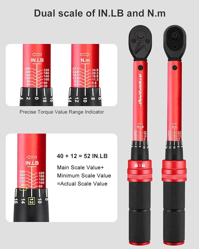 3/8 torque wrench 20-240 in.lb, Inch Pound Torque Wrench Set with Extension & 3/8" to 1/4" Adapter - ±3% Accuracy, Dual-Direction 72-Tooth for Bike, Motorcycle, Car & Engine Maintenance