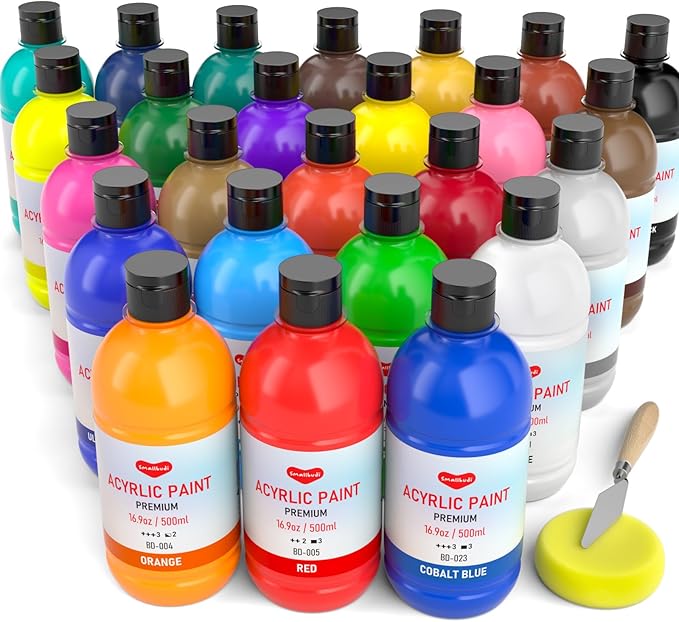 Smallbudi 25 Colors Large Acrylic Paint Set (16.9 oz,500 ml), Bulk Acrylic Paint Non-Toxic Art Painting Supplies on Multi Surface Pumpkin Canvas Wood Craft Fabric Rock for Artist Kids with Color Wheel