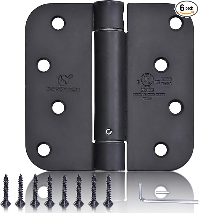 Self Closing Door Hinges 4 inch Matte Black Auto Close Hinge Adjustable 4 x 4 Inch Spring Hinges 5/8" Radius Corner Commercial Auto Door Closer Hinge UL Listed, 6 Pieces