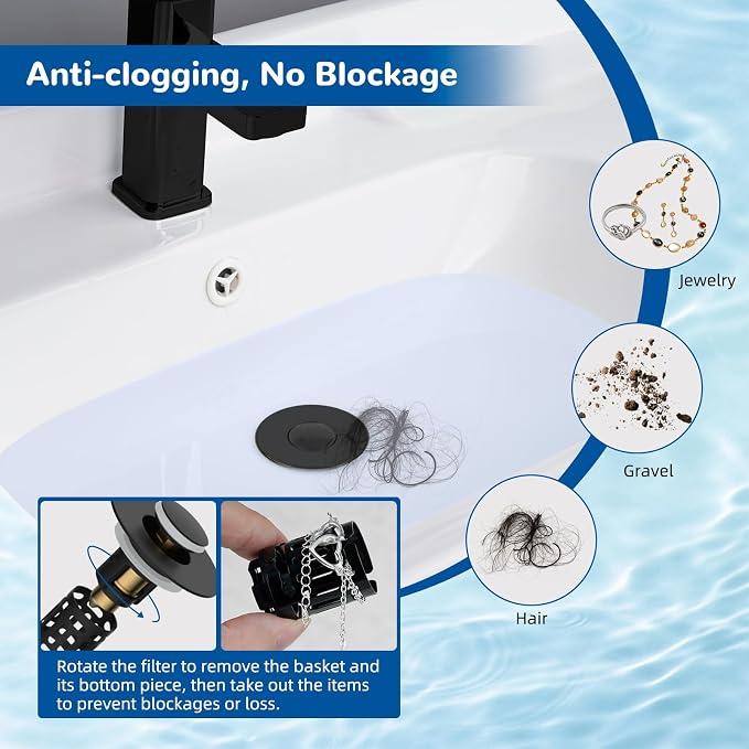 Hibbent 2 Pack 3 in 1 Bathroom Sink Drain Strainer, Universal Pop Up Stopper with Removable Stainless Steel Filter Basket Hair Catcher, Sink Plug for 1.1''~2.36'' Basin, Brass Bullet Core, Matte Black