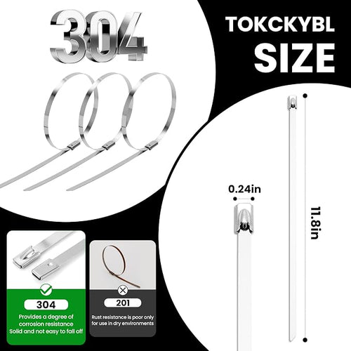 100 PCS 11.8 Inch 304 Stainless Steel Metal Zip Ties – Heavy Duty Outdoor Cable Ties with Self-Locking Design for Machinery, Vehicles, Farms, Pipes, Roofs, Cables