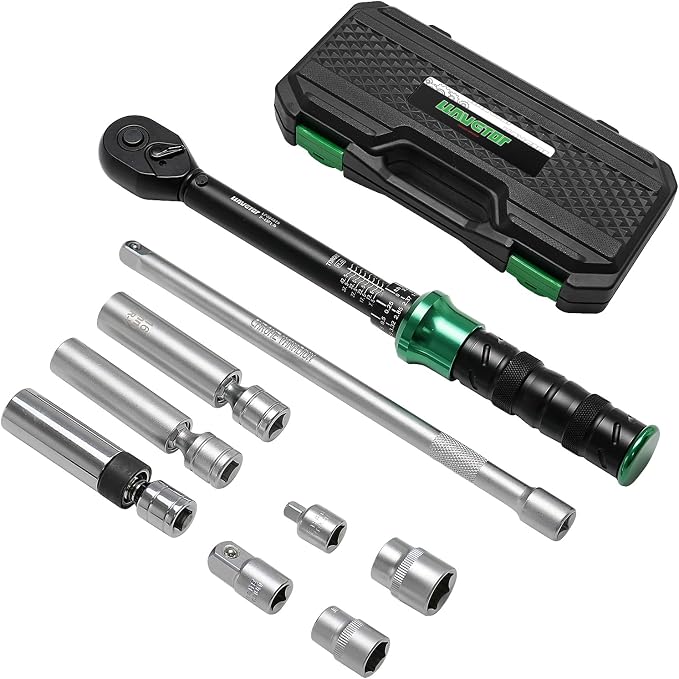 9Pcs Spark Plug Socket Set 3/8" 5-45Ft.lb Torque Wrench with Universal Spark Plug Socket, 1/2 and 1/4 Adapters and Extension Rod