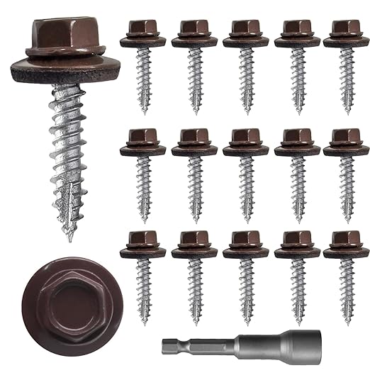 60 PCS #10×1" Metal Roofing Screws, Brown Painted Hex Head Sheet Roof Screws with EPDM Washer Self Starting Metal to Wood Siding for Corrugated Roofing