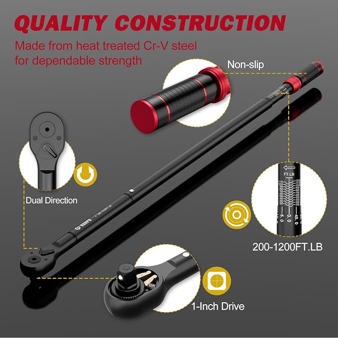 VANPO 1-inch Drive Click Torque Wrench, 200-1200 Ft-Lb,for Trucks | 271-1626 Nm, 48.03'' Length, 48-Tooth, Heavy-Duty Torque Wrench Set with a Hex Key & Industrial Machinery