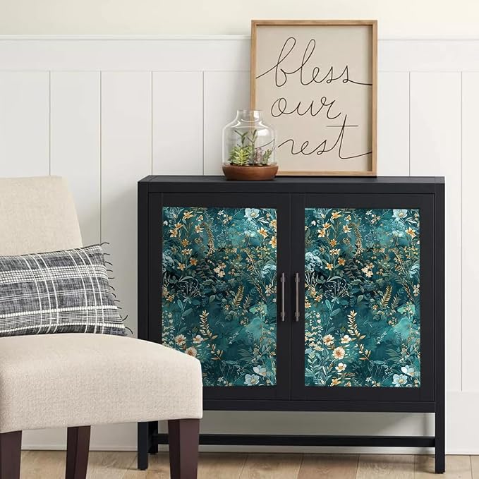Floral Peel and Stick Wallpaper Teal Contact Paper 17.3in x 118in | Botanical Self Adhesive Wallpaper Vintage Floral Decor Vinyl for Bathroom Cabinets Teal Flower Removable Wall Paper Roll