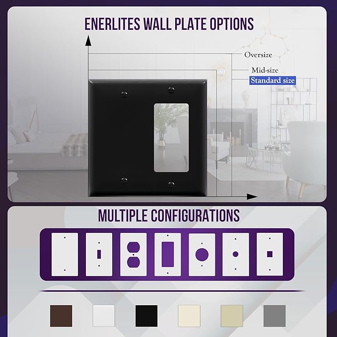 ENERLITES Combination Decorator Rocker/Blank Outlet Wall Plate, Standard Size, 2-Gang 4.50 inch x 4.57 inch Light Switch Cover, Polycarbonate Thermoplastic, UL Listed, 880131-BK, Black