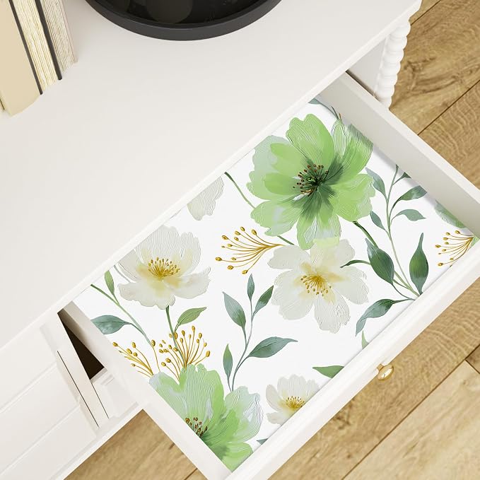ILHIIOR White Floral Peel and Stick Wallpaper Boho Leaf Contact Paper Green Flower Removable Self Adhesive Waterproof Wall Paper for Cabinet Drawers Wall Decor Renter Friendly 17.5''x118''