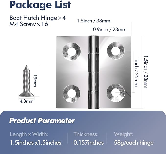 4 Pcs 1.5" x 1.5" Boat Hinges 316 Stainless Steel Marine Grade Heavy Duty Casting Boat Hatch Cabinet Door Hinge Marine Stainless Steel 316 with Screws