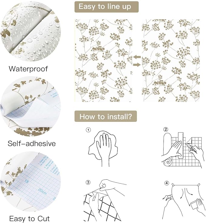 Hopepak 17.3"×197" Peel and Stick Wallpaper Floral Beige Contact Paper for Bathroom Leaf Removable Self Adhesive Wall Paper for Bedroom Modern Wallpaper for Walls Living Room Vinyl