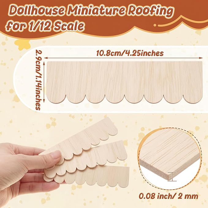 Wenqik 100 Strips Dollhouse Roof Shingles 4.25 x 1.14 Inches Each Mini Fish Scale Wooden Dollhouse Miniature Roofing for 1: 12 Scale Doll House Projects DIY Miniature Landscapes (Natural Wood)
