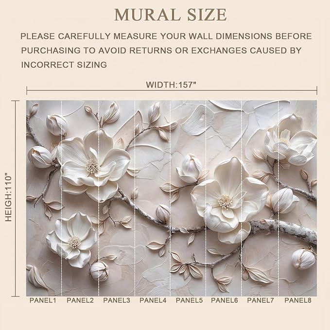 MFWFM Floral Peel and Stick Wallpaper 3D Relief Magnolia Flower Wall Mural | 157"x110", for Bedroom Living Room Bathroom, Self Adhesive Canvas