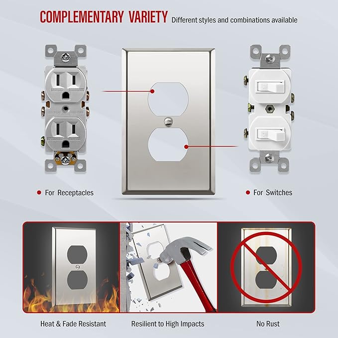 ENERLITES Duplex Receptacle Metal Wall Plate, Stainless Steel Outlet Cover, Corrosion Resistant, Mid-Size 1-Gang 4.88" x 3.11", Stainless Steel 201, 7721M-PC, Polished Chrome