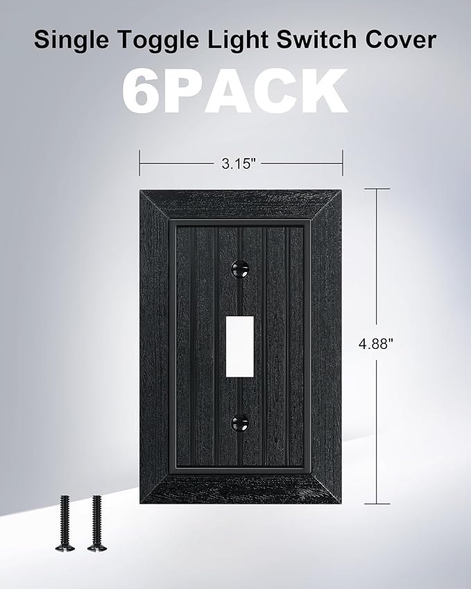 6-Pack Classic Beadboard Single Toggle Light Switch Cover Plate, Unbreakable Polycarbonate Decorative Switch Plate Covers, Matte Black 1 Gang Wall Plate