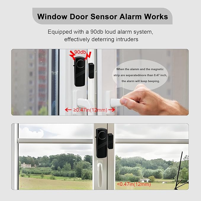 Door Window Alarm - 90dB Loud Home Security Sensor for Kids Safety, Burglar Alert for House, Apartment, Office, Hotel & Pool Window, Black (4 Pack)