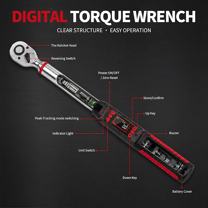1/2" Digital Torque Wrench Set 6Pcs, 14.7-295Ft-lb(20-400Nm) ±2% Acc, Triple Vib/Beep/LED Alert, 5 Units, Torque Preset, Non-Marring Sockets, Ext Bar, Hard Case, Car Truck RV Tire Suspension Tool