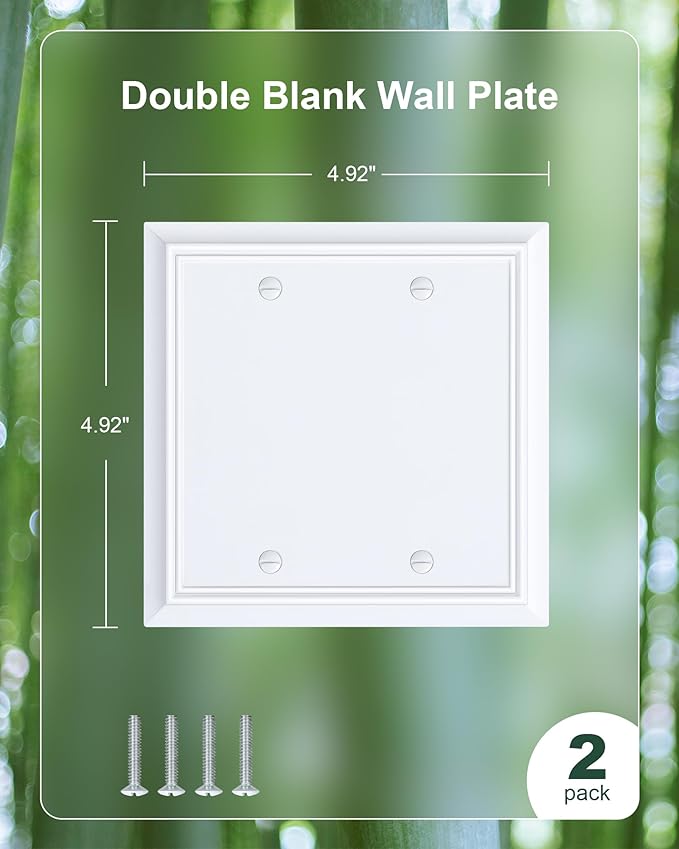 2-Pack Double Blank Wall Plate, Durable Natural Bamboo Fiber Wall Plate Cover,Pure White 1 Gang Wall Plate for Unused Outlets/Switches
