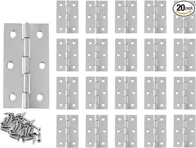 20 Pack 2 Inch Small Silver Butt Hinges, Heavy Duty Iron Mini Folding Hinges for Cabinet, Jewelry Box, Toolbox, Dollhouse & Furniture Hardware with Mounting Screws