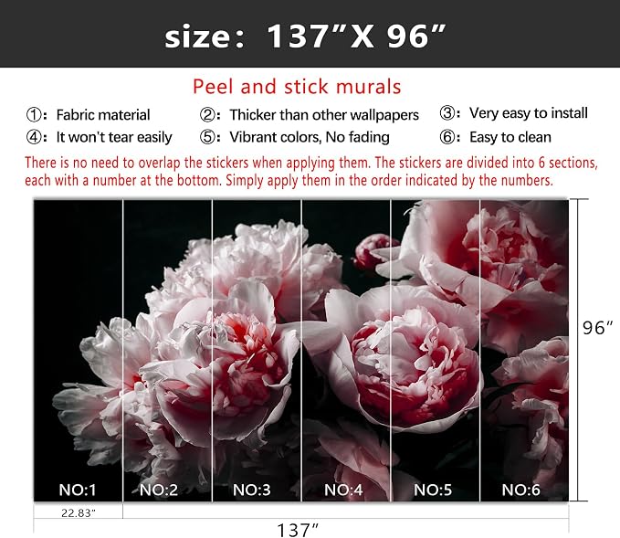 YIHWM-Peel and Stick Pink Flowers Wallpaper Dark Peony Floral Wall Mural | Tear-resistant,with a substantial feel;Will not be damaged during repositioning.Bathroom,Bedroom wallpaper.L-137"x96"