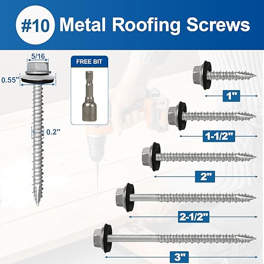 FMhotu Metal Roofing Screws #10×2Inch, 320-PCS, Hex Head Rustpert Coating Sheet Metal to Wood Siding Screw with EPDM Rubber Washer, Sharp Point, Hex Socket Included