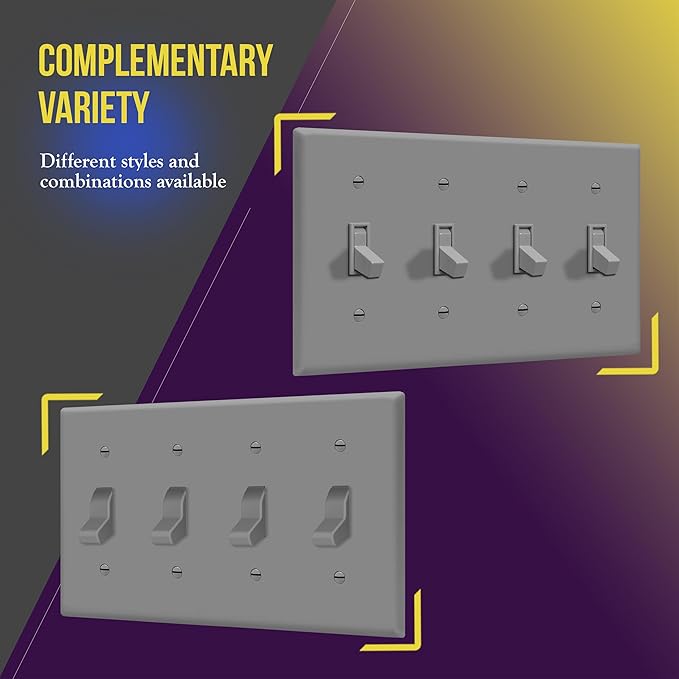 ENERLITES Quad Toggle Light Switch Wall Plate, Standard Size 4-Gang 4.50" x 8.19", Unbreakable Polycarbonate Thermoplastic, 8814-GY, Gray