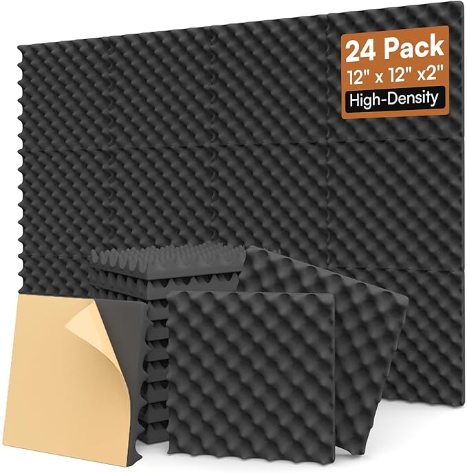 SD SODOCT 24 Pack Egg-Crate Acoustic Foam Panels, 12 x 12 x 2 Inches Self-Adhesive Sound Proof Foam Panels for Walls, High Density Acoustic Foam for Studio, Home Theater, and Recording Rooms, Black