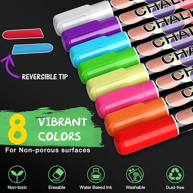Liquid Chalk Markers Pens - 8 Colors Washable & Wet Erase Neon Chalk Makers for Blackboard, Chalkboard Signs, Glass Window, Menus, Car Windows & Event Decorations - Erasable Window Markers for Cars
