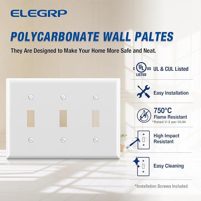 ELEGRP 3-Gang Toggle Switch Wall Plates, Standard Size 4.53" H x 6.39" L Thermoplastic Faceplate Cover for Toggle Dimmer Light Switches, UL Listed (2 Pack, Glossy White)