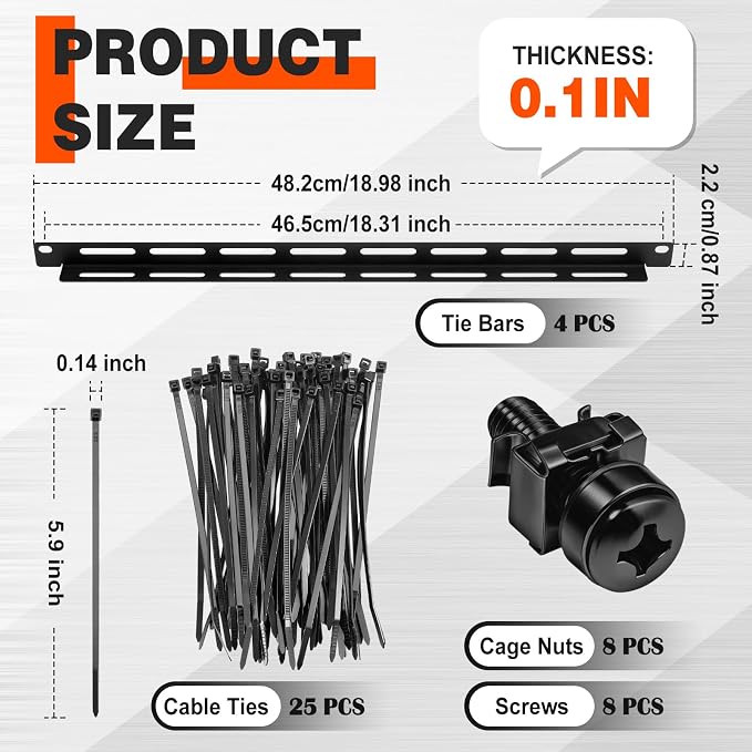 Zonon 4 Sets 1u 19 Inch Server Rack Cable Management Tie Bar Kit Includes 4 Pack 1u Tie Bars, 25 Zip Ties, 8 Cage Nuts & 8 Screws Work with Open Frame Enclosure Network Cabinet Mount Wire Management