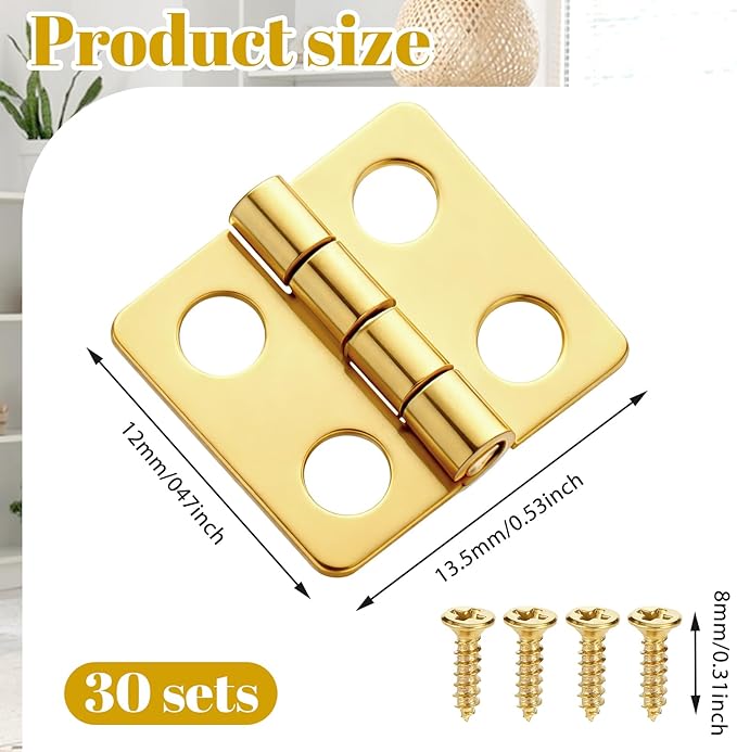 30 Piece Mini Hinges Gold Tiny Hinges 13x12mm Retro Brass Butt Hinge 180 Degree Rotation Miniature Hinge Hardware with Screws for Wooden Box Jewelry Box Doll House DIY Projects