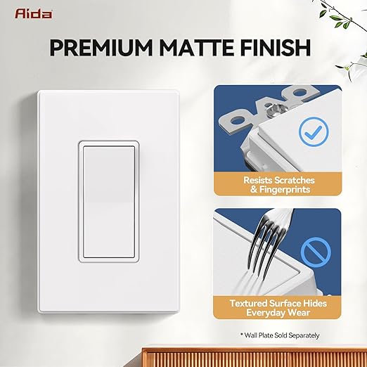 AIDA 3 Way Decorative Light Switch Wall Plate, Electric Switches,15Amp, 120/277 Volt, 3 Way Rocker Switch, Self-Grounding, Residential and Commercial Grade, UL Listed (50, Matte White)