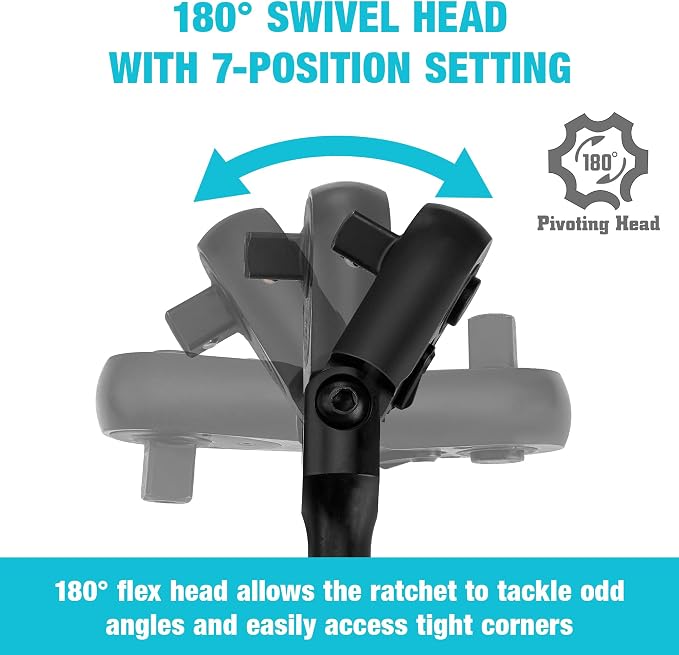 DURATECH 1/2-Inch Flex-Head Ratchet, 90-Tooth Quick-Release Ratchet Wrench | Socket Wrench with 180° Pivoting Head and 7-Position Setting, Reversible, CR-V Made, CR-MO Head, Black Mn Phosphate Finish